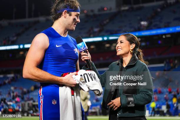 Dawson Knox of the Buffalo Bills is interviewed by Kaylee Hartung after an NFL football game between the Tampa Bay Buccaneers and the Buffalo Bills...