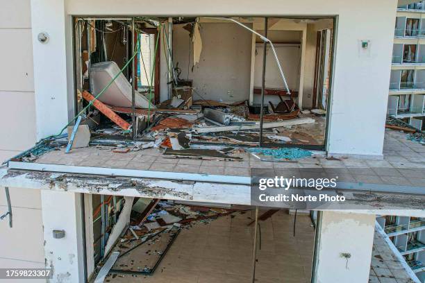 Aerial view of destroyed hotel rooms due to the force of the wind after hurricane Otis hit Acapulco on October 26, 2023 in Acapulco, Mexico. Otis...