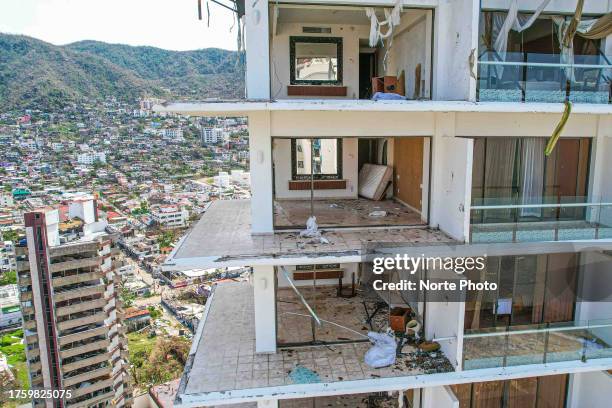 Aerial view of destroyed hotel rooms due to the force of the wind after hurricane Otis hit Acapulco on October 26, 2023 in Acapulco, Mexico. Otis...