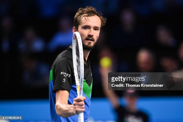 Daniil Medvedev of Russia reacts in his quarter final match against Karen Khachanov of Russia during their quarter finals match on day seven of the...