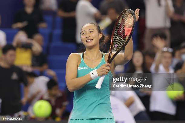 Qinwen Zheng of China celebrates after winning the match against Jelena Ostapenko of Latvia in the Women's singles round of 16 match on Day 4 of the...