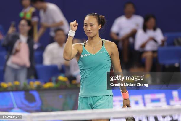 Qinwen Zheng of China celebrates after winning the match against Jelena Ostapenko of Latvia in the Women's singles round of 16 match on Day 4 of the...