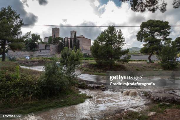 view of a 
ribes castle on a cloudy and rainy day. 
in the foreground you can see the overflowing water of a river that invades the road - mjrodafotografia stock pictures, royalty-free photos & images