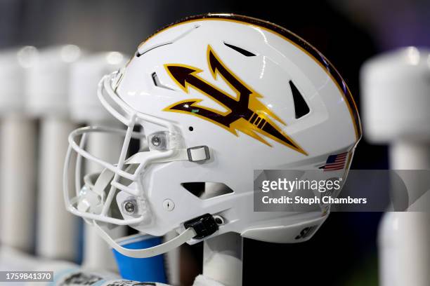 Detail of an Arizona State Sun Devils helmet is seen during the third quarter against the Washington Huskies at Husky Stadium on October 21, 2023 in...