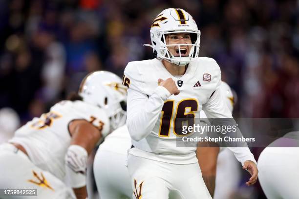 Trenton Bourguet of the Arizona State Sun Devils calls a play against the Washington Huskies during the second quarter at Husky Stadium on October...