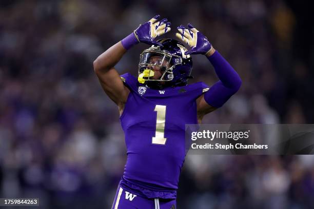 Jabbar Muhammad of the Washington Huskies reacts during the first quarter against the Arizona State Sun Devils at Husky Stadium on October 21, 2023...