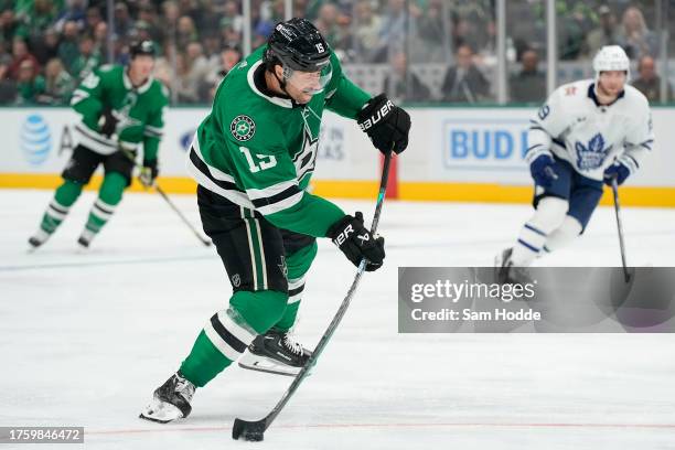 Craig Smith of the Dallas Stars shoots the puck during the third period against the Toronto Maple Leafs at American Airlines Center on October 26,...