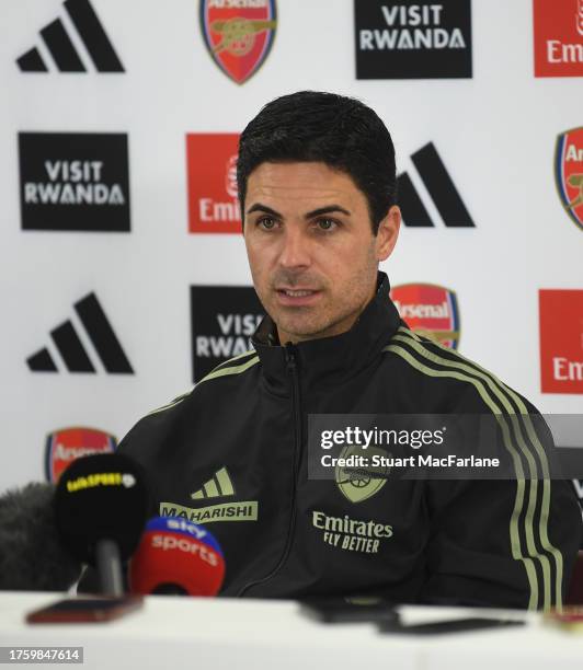 Arsenal manager Mikel Arteta attends a press conference at London Colney on October 27, 2023 in St Albans, England.