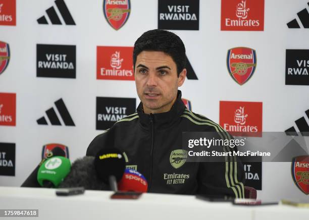 Arsenal manager Mikel Arteta attends a press conference at London Colney on October 27, 2023 in St Albans, England.