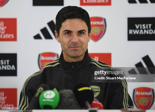 Arsenal manager Mikel Arteta attends a press conference at London Colney on October 27, 2023 in St Albans, England.