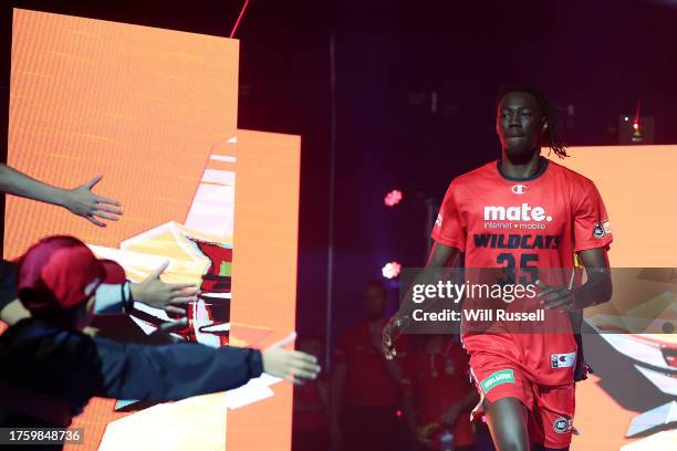 David Okwera of the Wildcats walks out onto the court during the round five NBL match between Perth Wildcats and Brisbane Bullets at RAC Arena, on...