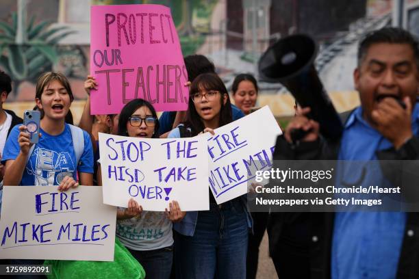 Eastwood Academy students protest against the removal of school staff members and against Houston Independent School District Superintendent Mike...