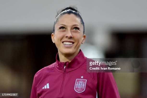 Jenni Hermoso of Spain looks on during the warm up prior to the UEFA Women's Nations League match between Italy and Spain at Stadio Arechi on October...