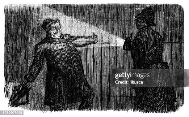 british satire caricature comic cartoon illustration - dark street night drawing stock illustrations
