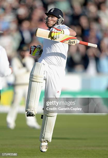 Ian Bell of England celebrates reaching his century during day three of 4th Investec Ashes Test match between England and Australia at Emirates...