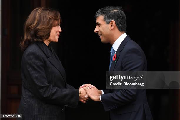 Rishi Sunak, UK prime minister, right, greets US Vice President Kamala Harris on day two of the AI Safety Summit 2023 at Bletchley Park in Bletchley,...