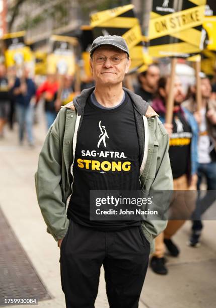 David Hyde Pierce joins SAG-AFTRA members on strike on October 27, 2023 in New York City. The strike, which began on July 14, entered its 100th day...