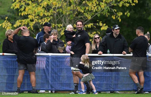 New Zealand player Sam Whitelock with his children during a New Zealand training session ahead of their Rugby World Cup France 2023 Final match...