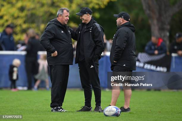 New Zealand Head Coach Ian Foster chats with coaches Joe Schmidt and Jason Ryan during a New Zealand training session ahead of their Rugby World Cup...