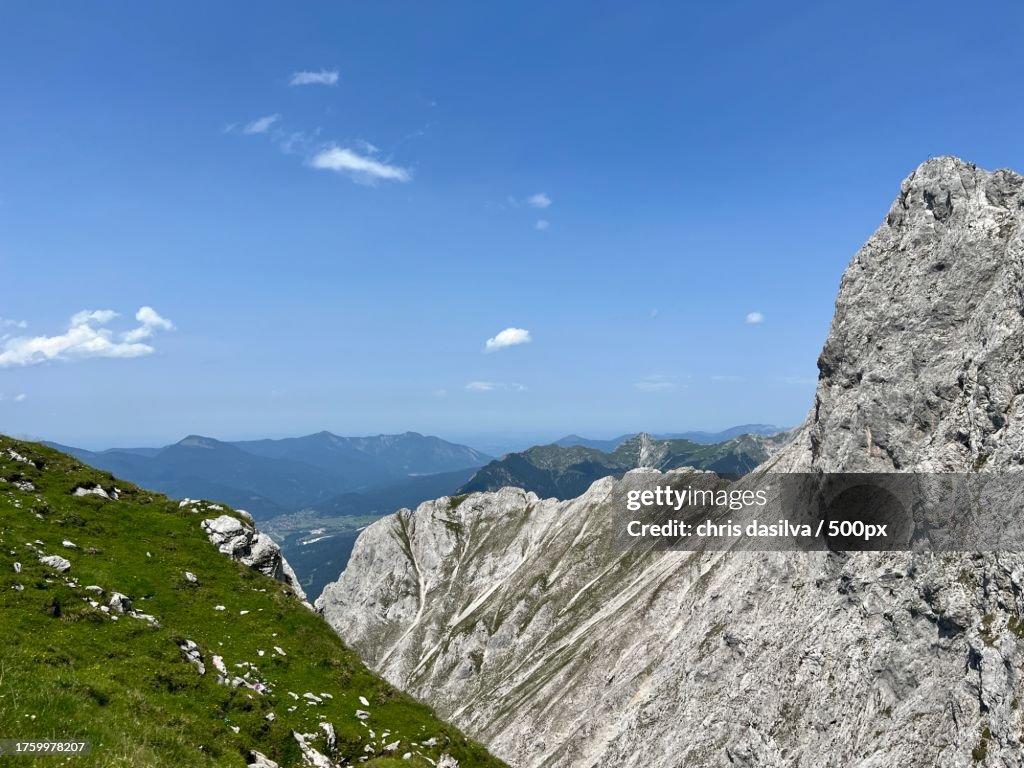Scenic view of mountains against blue sky,Mittenwald,Bavaria,Germany