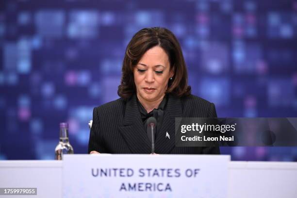 Vice President Kamala Harris attends the second day of the UK Artificial Intelligence Safety Summit at Bletchley Park on November 2, 2023 in...