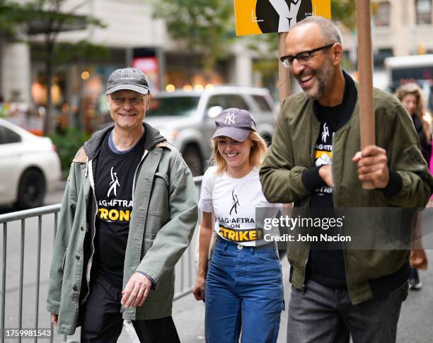 David Hyde Pierce and AnnaSophia Robb join SAG-AFTRA members on strike on October 27, 2023 in New York City. The strike, which began on July 14,...