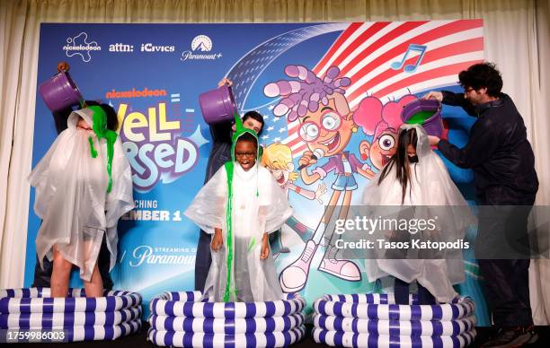 Students of 5th grade teacher Audrey Russell are getting slimed on stage during Nickelodeon, ATTN: and iCivics Launch of 'Well Versed' at National...