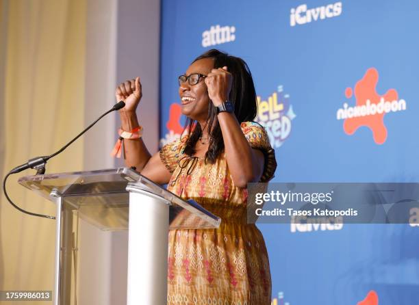 5th grade teacher Audrey Russell speaks on stage during Nickelodeon, ATTN: and iCivics Launch of 'Well Versed' at National Civics Day Event at...