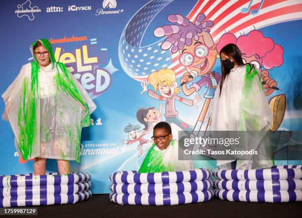 Students of 5th grade teacher Audrey Russell are getting slimed on stage during Nickelodeon, ATTN: and iCivics Launch of 'Well Versed' at National...
