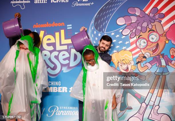 Students of 5th grade teacher Audrey Russell are getting slimed on stage during Nickelodeon, ATTN: and iCivics Launch of 'Well Versed' at National...