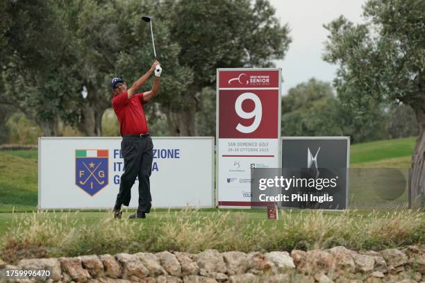 Santiago Luna of Spain in action during Day Two of the Sergio Melpignano Senior Italian Open at San Domenico Golf on October 27, 2023 in Savelletri,...