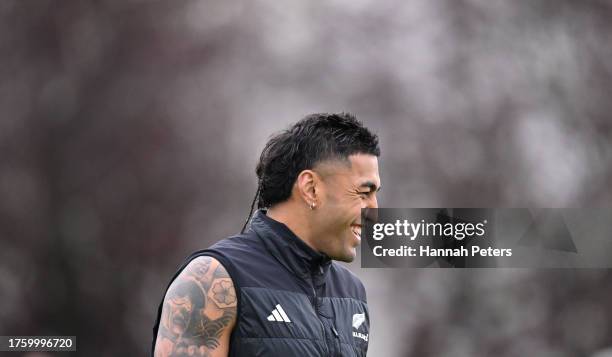 New Zealand player Rieko Ioane smiles during a New Zealand training session ahead of their Rugby World Cup France 2023 Final match against South...