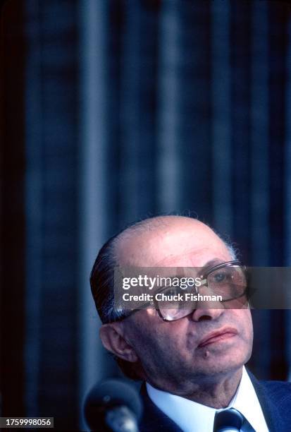 View of Israeli Prime Minister Menachem Begin during a press confernce, Haifa, Israel, September 1979. At the time, he was participating in an...