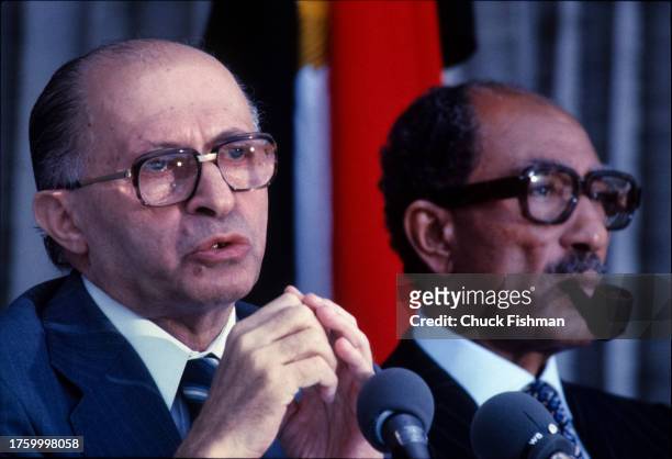 View of Israeli Prime Minister Menachem Begin and Egytptian President Anwar Al Sadat during a press confernce, Haifa, Israel, September 1979. At the...