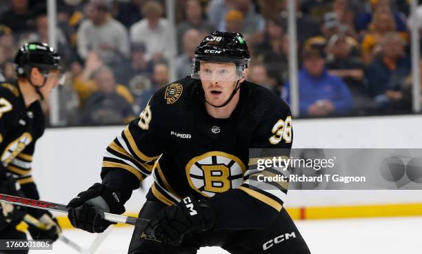 Patrick Brown of the Boston Bruins skates during the third period against the Anaheim Ducks at the TD Garden on October 26, 2023 in Boston,...