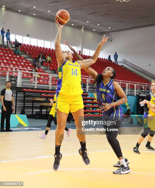 Erika De Souza of Team Brazil against Team Colombia in Women's Team Basketball at Polideportivo during Santiago 2023 Pan Am Games day 7 Santiago 2023...