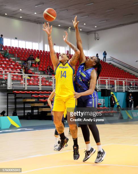 Erika De Souza of Team Brazil against Team Colombia in Women's Team Basketball at Polideportivo during Santiago 2023 Pan Am Games day 7 Santiago 2023...