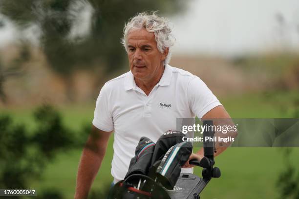 Italian football star Roberto Donadoni makes his way to the 18th tee during Day Two of the Sergio Melpignano Senior Italian Open at San Domenico Golf...