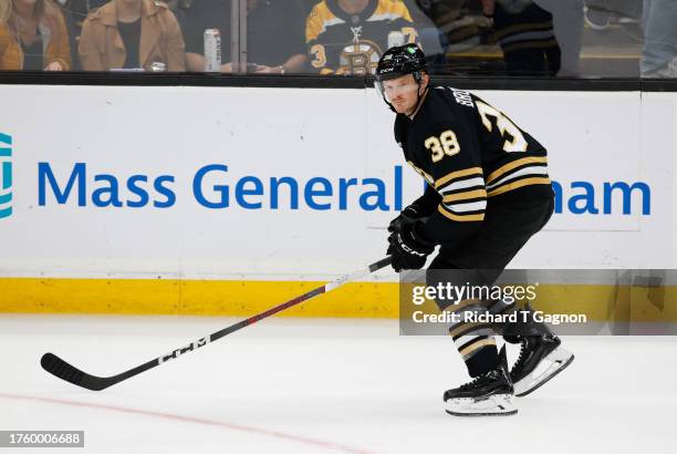 Patrick Brown of the Boston Bruins skates during the third period at the TD Garden on October 26, 2023 in Boston, Massachusetts. The Ducks won 4-3 in...