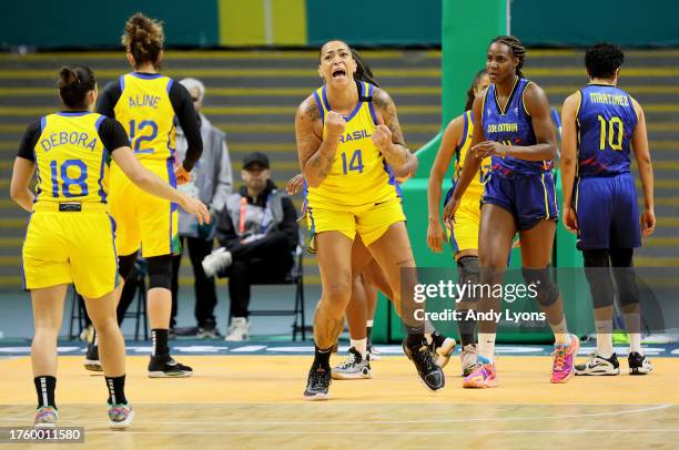 Erika De Souza of Team Brazil celebrates against Team Colombia in Women's Team Basketball at Polideportivo during Santiago 2023 Pan Am Games day 7...