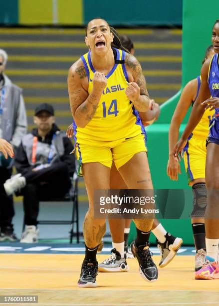 Erika De Souza of Team Brazil celebrates against Team Colombia in Women's Team Basketball at Polideportivo during Santiago 2023 Pan Am Games day 7...
