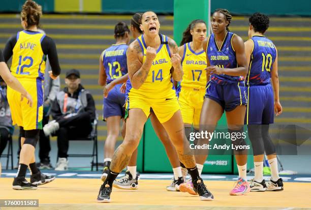 Erika De Souza of Team Brazil celebrates against Team Colombia in Women's Team Basketball at Polideportivo during Santiago 2023 Pan Am Games day 7...