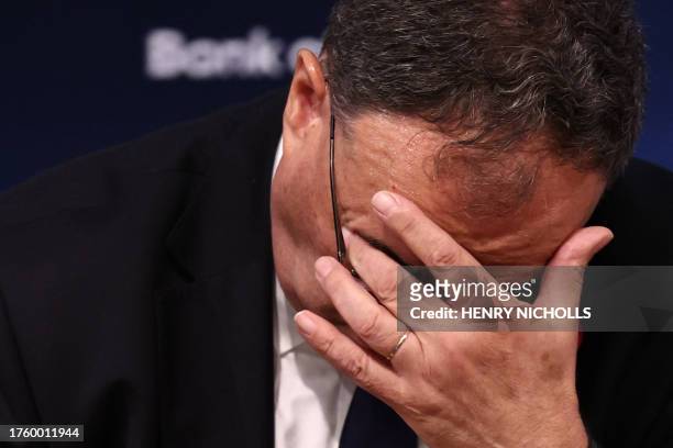 Governor of the Bank of England Andrew Bailey addresses the media during a press conference concerning interest rates, at the Bank of England, in...
