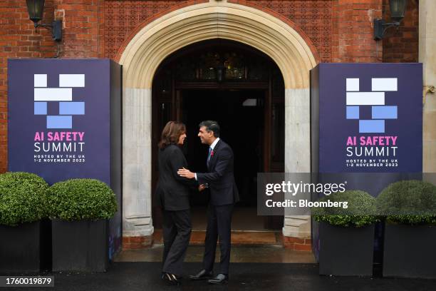 Rishi Sunak, UK prime minister, right, greets US Vice President Kamala Harris on day two of the AI Safety Summit 2023 at Bletchley Park in Bletchley,...