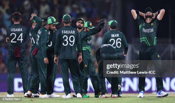 Players of Pakistan react after an Umpires call review during the ICC Men's Cricket World Cup India 2023 between Pakistan and South Africa at MA...