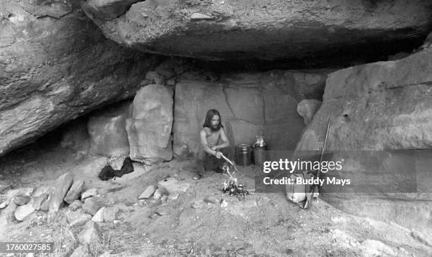 An American hermit, Jeffery Salkeld, living in a sheltering overhang once used by American Indians in the Galisteo Basin near Santa Fe, New Mexico,...