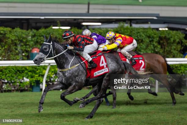 Jockey Angus Chung Yik-lai riding Outgate wins the Race 7 Racing Spirit Handicap at Happy Valley Racecourse on October 18, 2023 in Hong Kong.