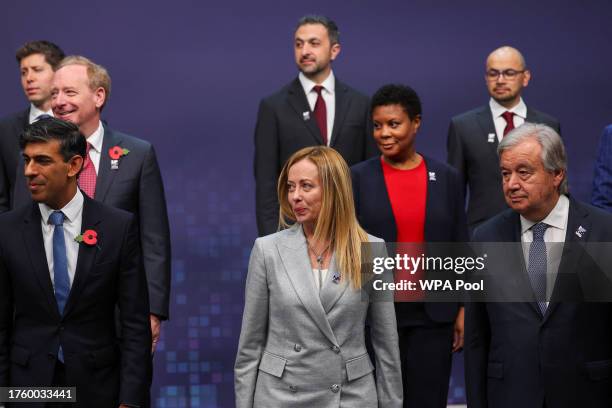 Britain's Prime Minister Rishi Sunak, Italy's Prime Minister Giorgia Meloni, United Nations Secretary-General Antonio Guterres and others pose for a...