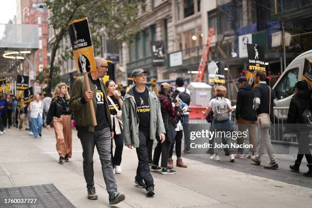 David Hyde Pierce joins SAG-AFTRA members on strike on October 27, 2023 in New York City. The strike, which began on July 14, entered its 100th day...