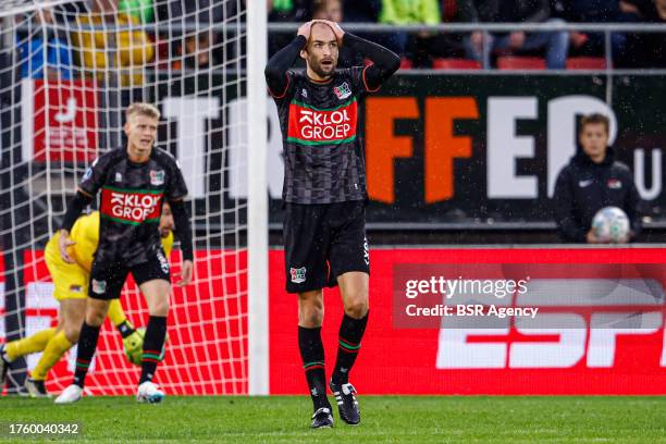 Bas Dost of NEC confused during the Dutch Eredivisie match between AZ and NEC at AFAS Stadion on October 29, 2023 in Alkmaar, Netherlands.